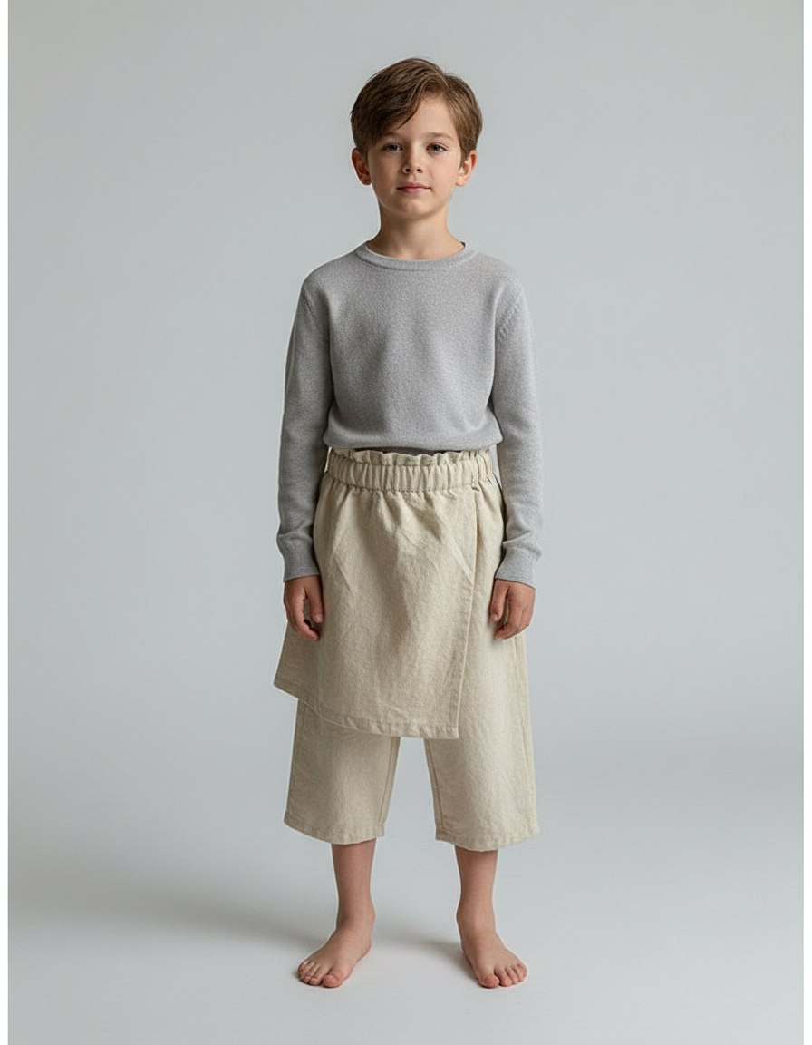Pantalon Jupe Écru Coton Ample Superposé Enfant - Beige Lin