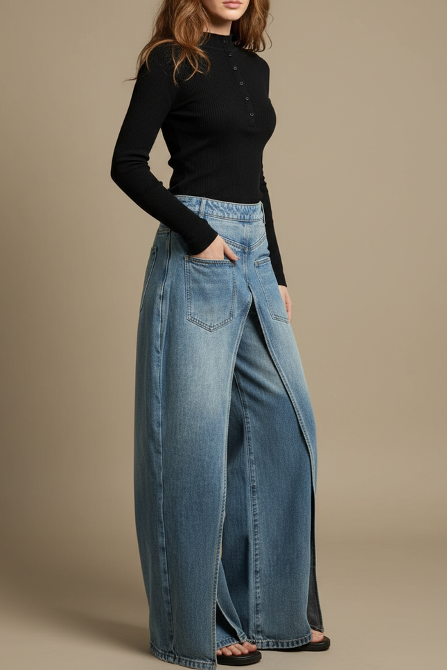 Pantalon Jupe Jean Bleu Dégrippé Ample Fendu