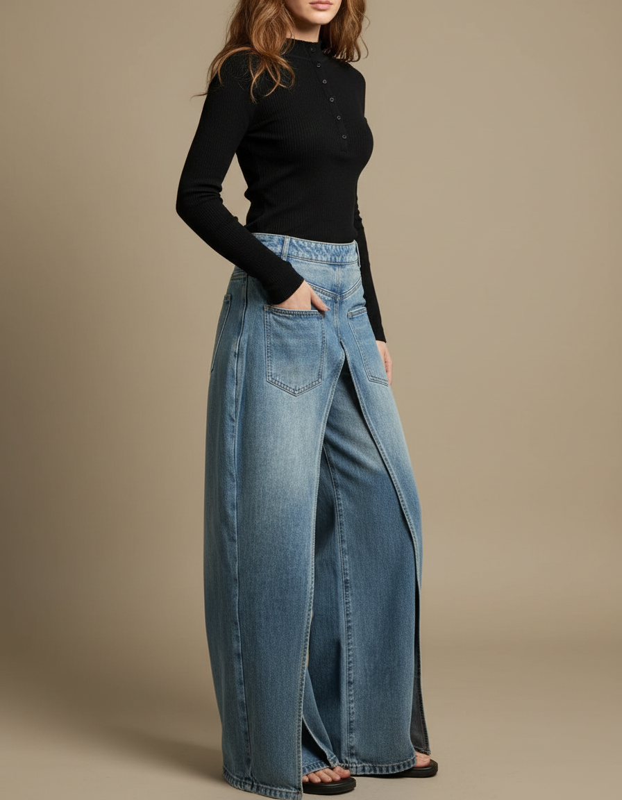 Pantalon Jupe Jean Bleu Dégrippé Ample Fendu