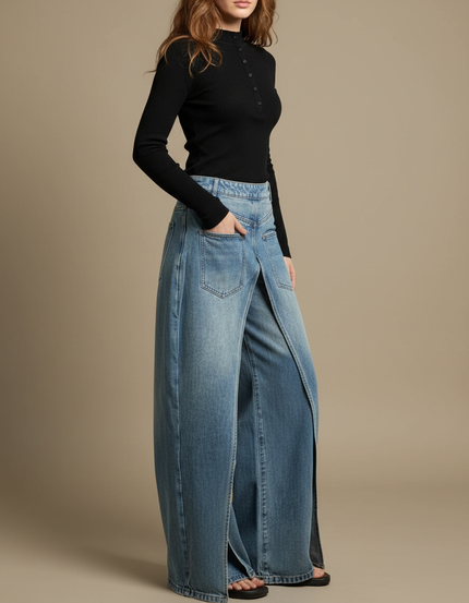 Pantalon Jupe Jean Bleu Dégrippé Ample Fendu