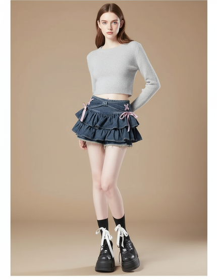 Pantalon Jupe Denim Volants Rose Kawaii Mini - Bleu Jean