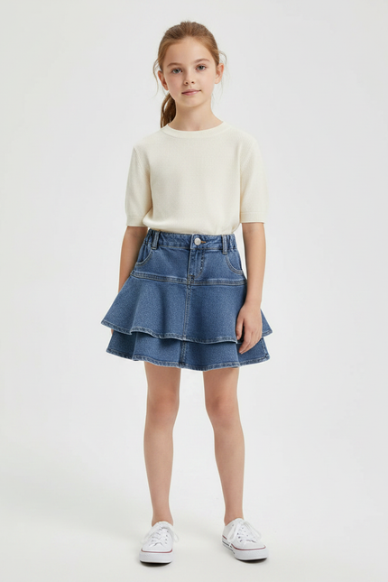 Pantalon Jupe Denim Bleu Superposé Volants Fille - Jean