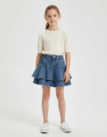 Pantalon Jupe Denim Bleu Superposé Volants Fille - Jean