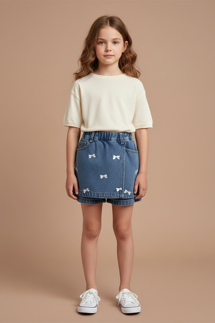 Pantalon Jupe Denim Broderie Nœuds Enfant A-ligne - Bleu Jean