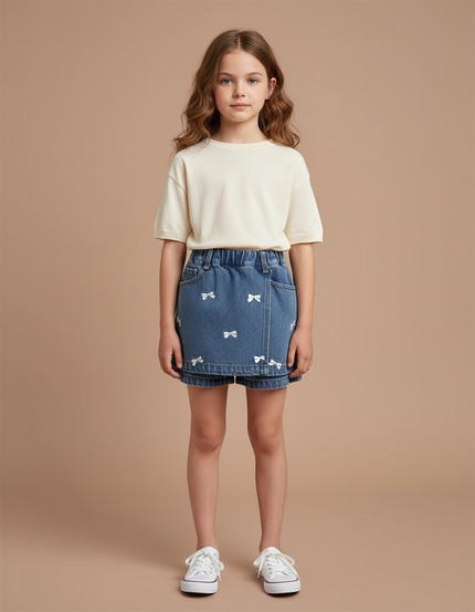 Pantalon Jupe Denim Broderie Nœuds Enfant A-ligne - Bleu Jean