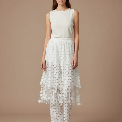 Pantalon Jupe Blanc Superposé Cercles Transparents Élégant - Polyester