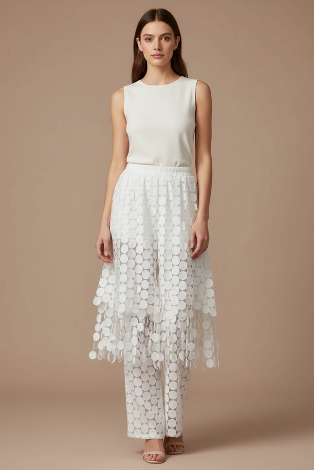 Pantalon Jupe Blanc Superposé Cercles Transparents Élégant - Polyester