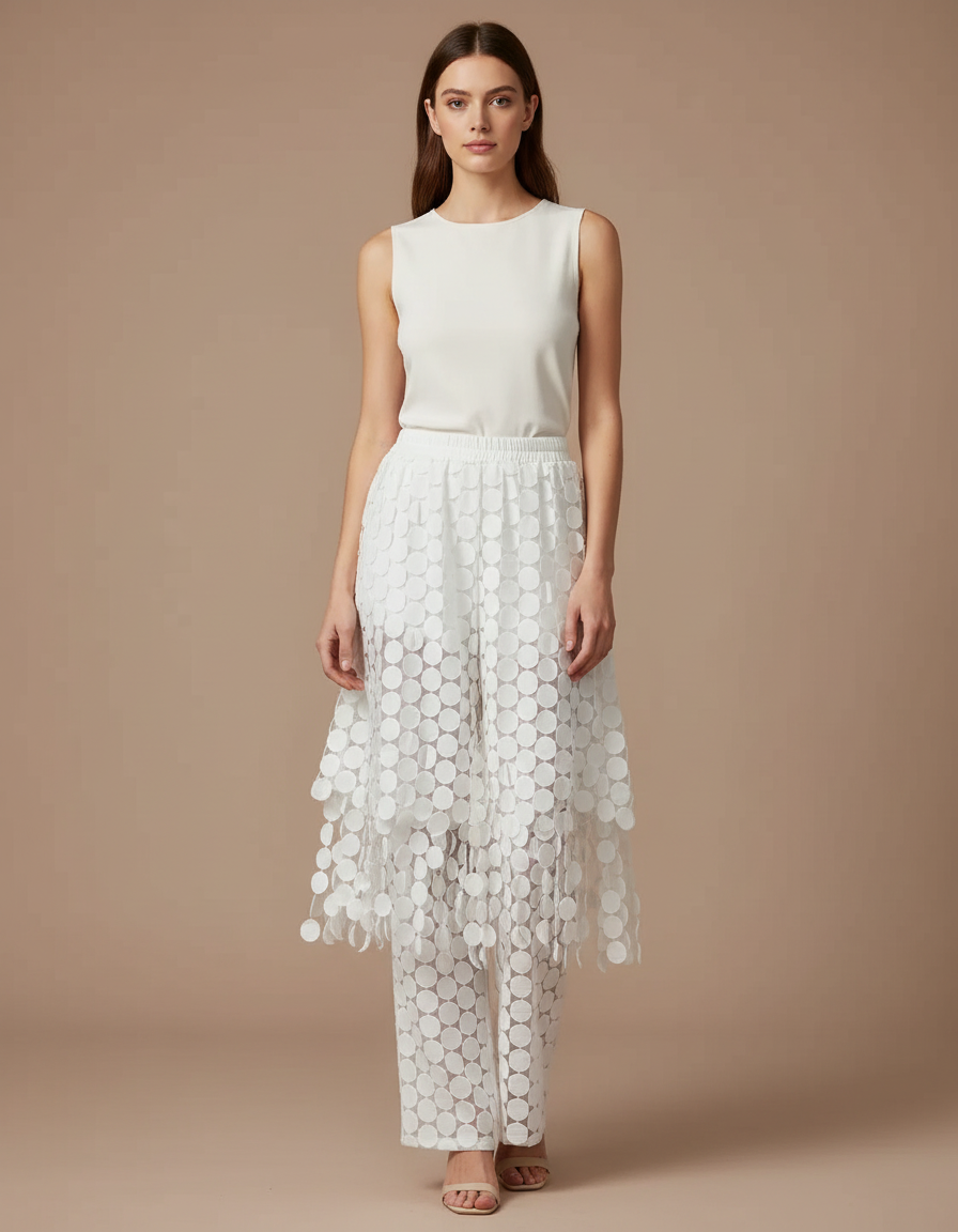 Pantalon Jupe Blanc Superposé Cercles Transparents Élégant - Polyester