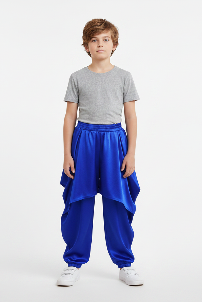 Pantalon Jupe Bleu Satin Ample Garçon Fluide