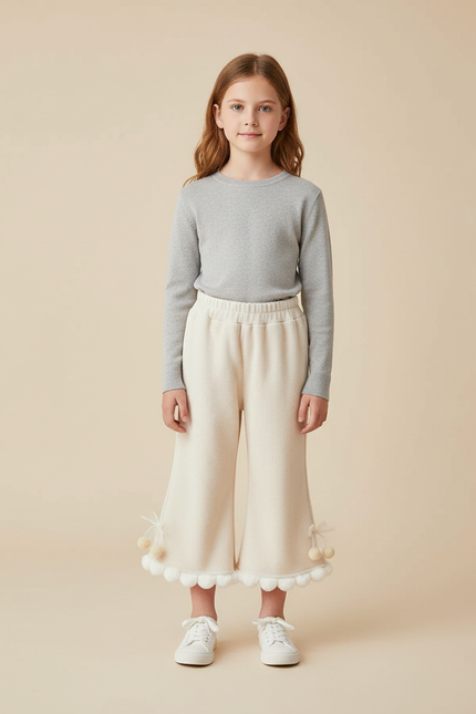 Pantalon Jupe Crème Côtelé Évasé Pompons Enfant - Beige Maille