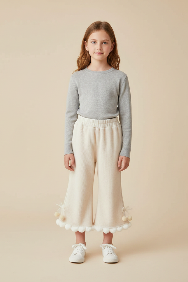 Pantalon Jupe Crème Côtelé Évasé Pompons Enfant - Beige Maille