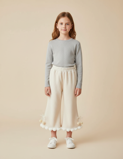 Pantalon Jupe Crème Côtelé Évasé Pompons Enfant - Beige Maille