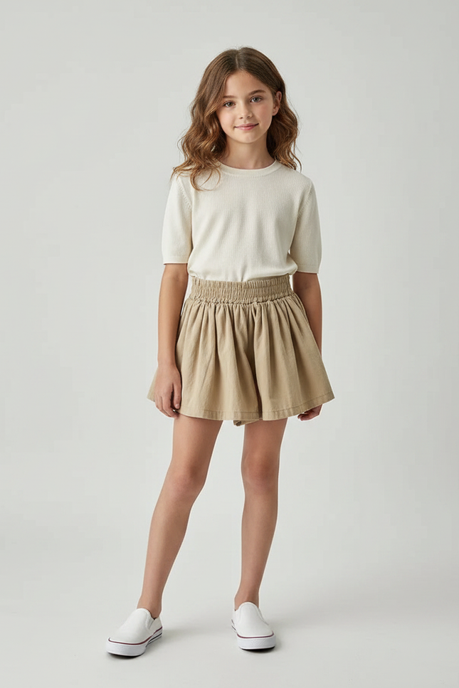 Pantalon Jupe Beige Plissé Ample Enfant Coton