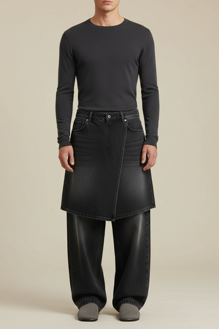 Pantalon Jupe Denim Noir Ample Décontracté Homme - Jean