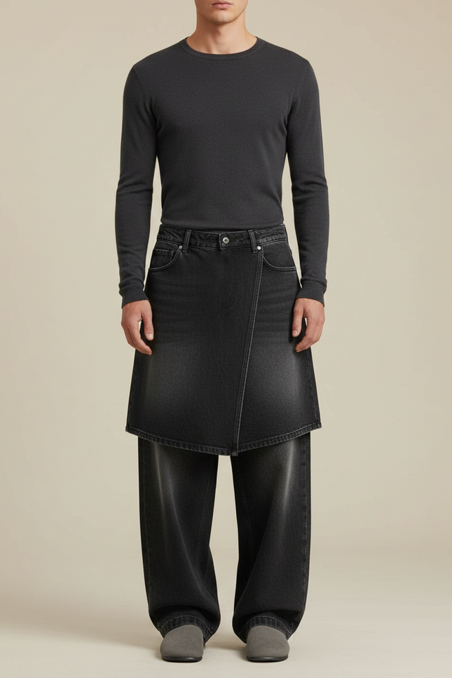 Pantalon Jupe Denim Noir Ample Décontracté Homme - Jean