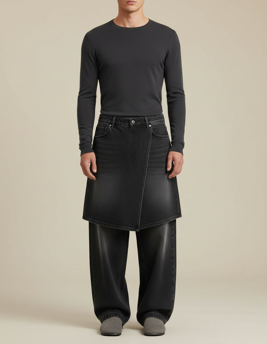 Pantalon Jupe Denim Noir Ample Décontracté Homme - Jean