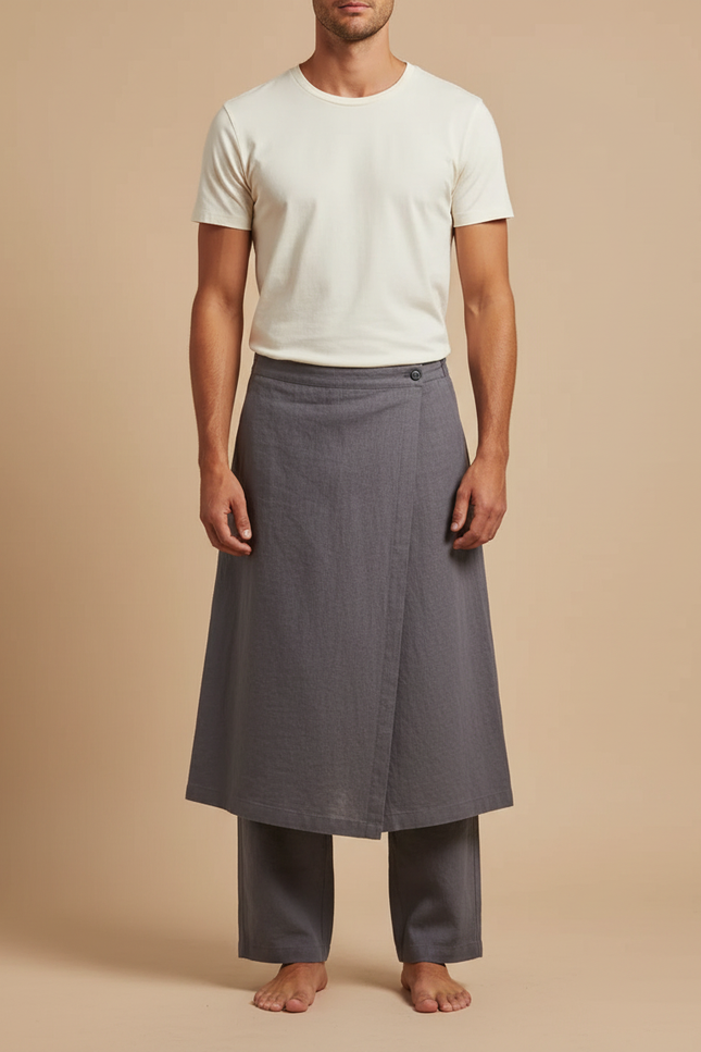 Pantalon Jupe Gris Lin Ample Asymétrique Décontracté