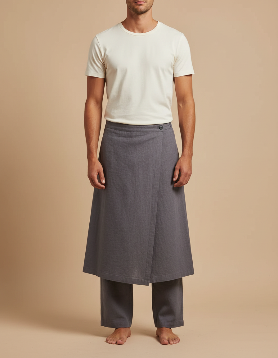 Pantalon Jupe Gris Lin Ample Asymétrique Décontracté