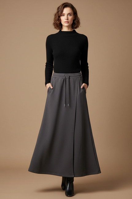 Pantalon Jupe Évasé Longue Cordon Gris Élégant - Molleton