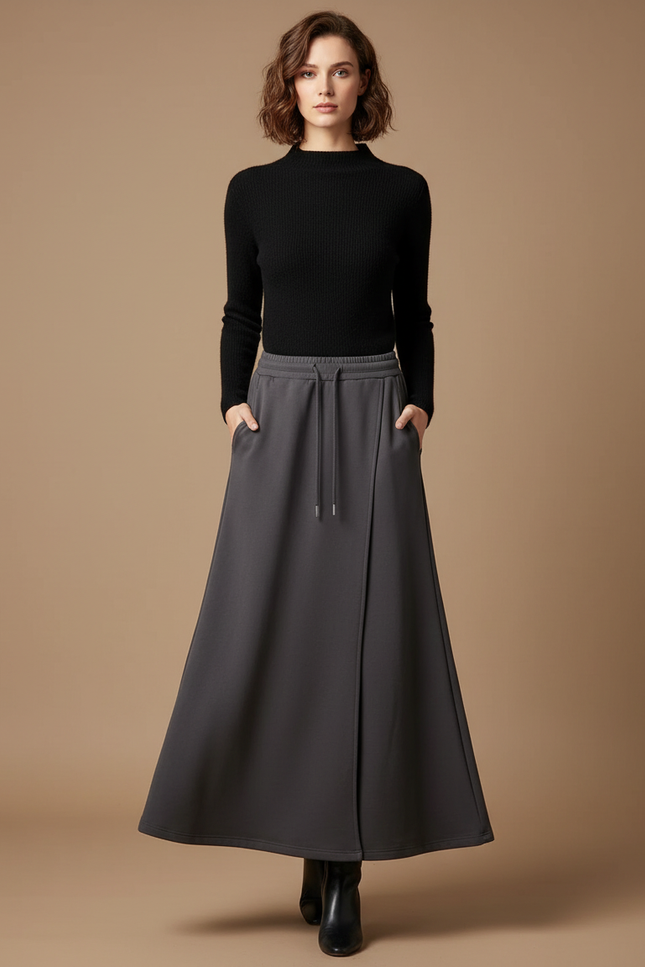 Pantalon Jupe Évasé Longue Cordon Gris Élégant - Molleton
