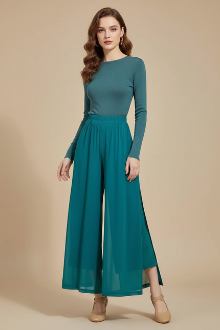 Pantalon Jupe Fluide Fendu Chiffon Léger Élégant - Vert Polyester