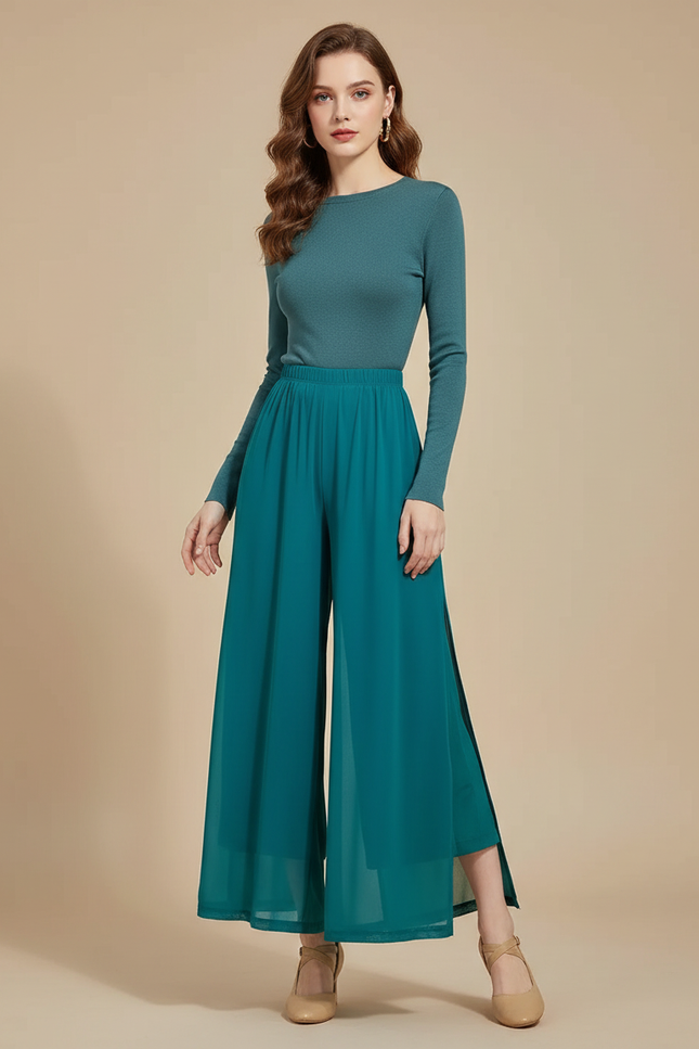 Pantalon Jupe Fluide Fendu Chiffon Léger Élégant - Vert Polyester