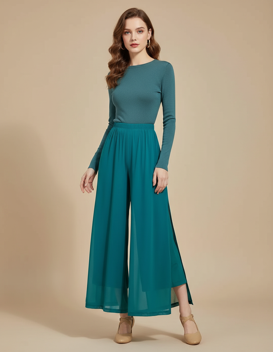 Pantalon Jupe Fluide Fendu Chiffon Léger Élégant - Vert Polyester