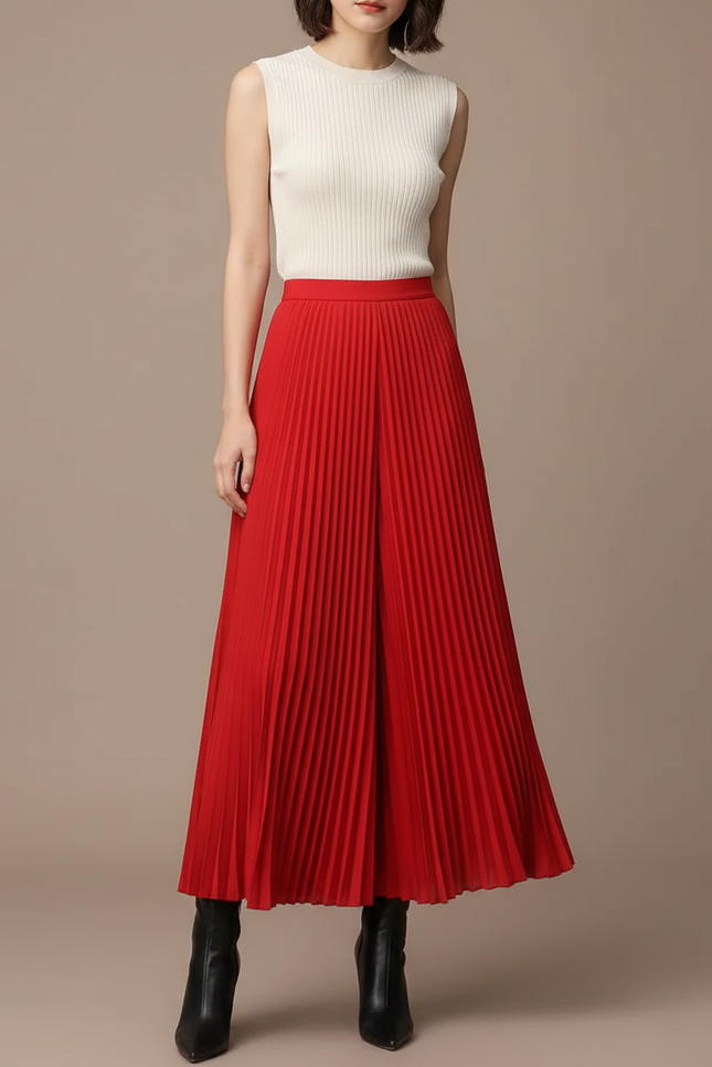 Pantalon Jupe Rouge Plissé Ample Fluide Élégant - Polyester
