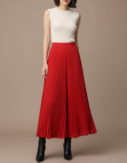 Pantalon Jupe Rouge Plissé Ample Fluide Élégant - Polyester