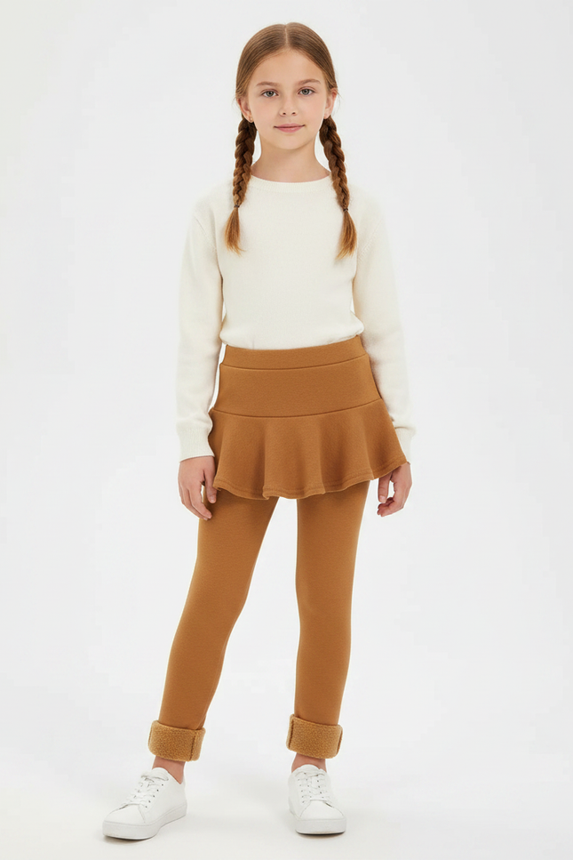 Pantalon Jupe Marron Polaire Épaisse Intégrée Fille - Camel Molleton