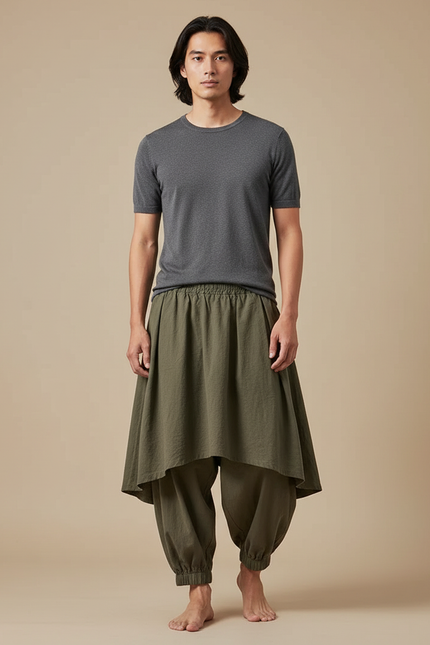 Pantalon Jupe Kaki Ample Coton Superposé Homme