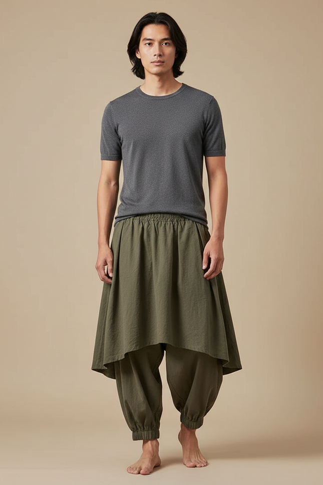 Pantalon Jupe Kaki Ample Coton Superposé Homme