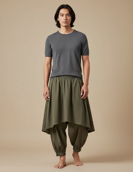 Pantalon Jupe Kaki Ample Coton Superposé Homme