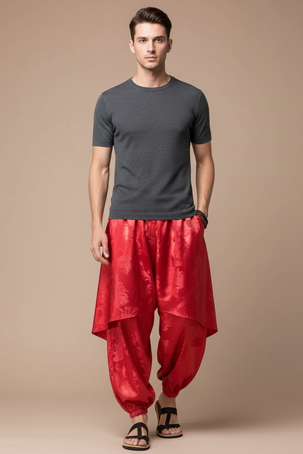Pantalon Jupe Rouge Soie Ample Harem Motif Floral