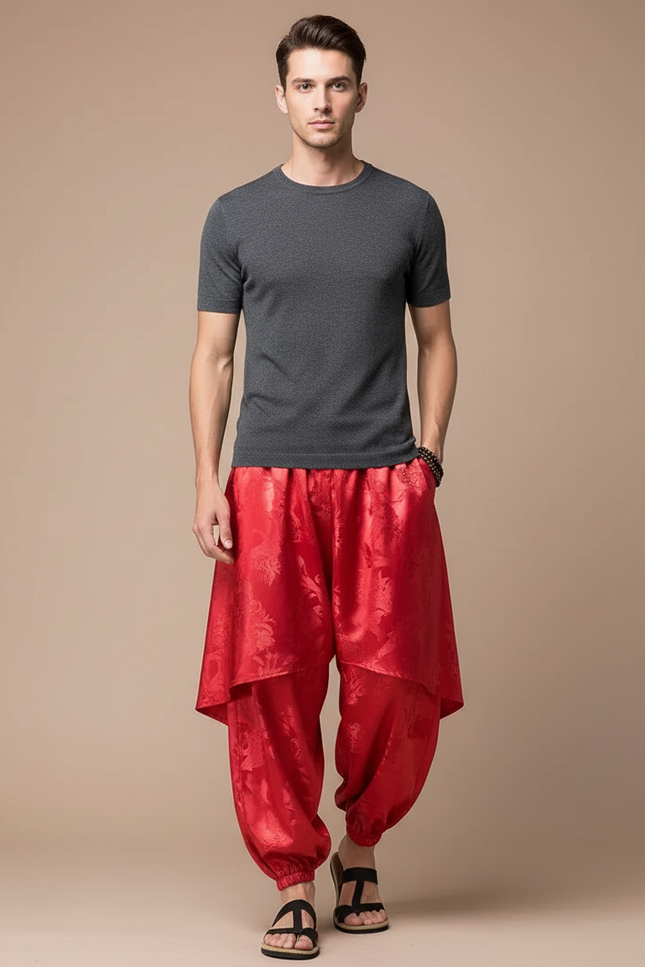 Pantalon Jupe Rouge Soie Ample Harem Motif Floral