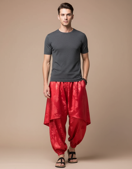 Pantalon Jupe Rouge Soie Ample Harem Motif Floral