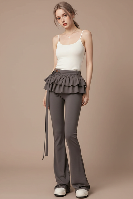 Pantalon Jupe Gris Évasé Volants Taille Haute - Maille