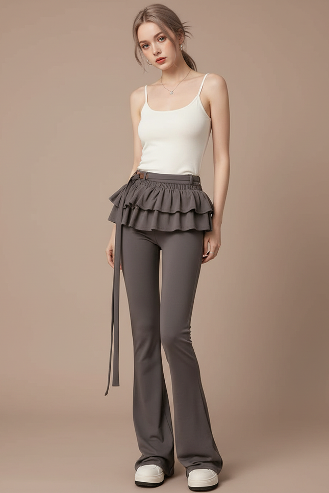 Pantalon Jupe Gris Évasé Volants Taille Haute - Maille