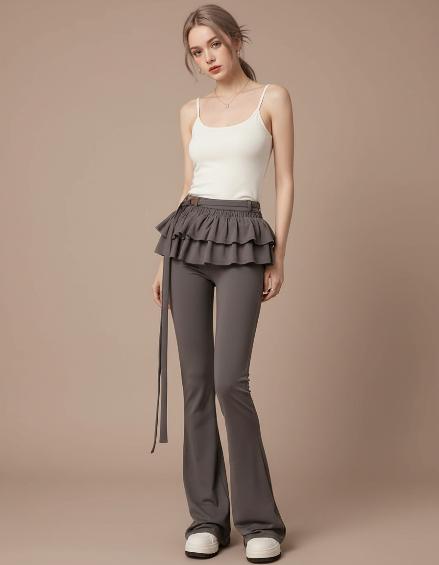 Pantalon Jupe Gris Évasé Volants Taille Haute - Maille