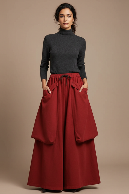 Pantalon Jupe Rouge Ample Poches Vintage Confortable - Laine