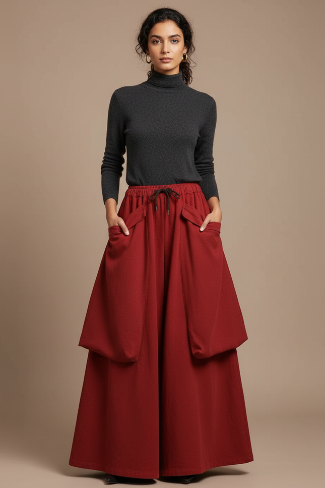 Pantalon Jupe Rouge Ample Poches Vintage Confortable - Laine