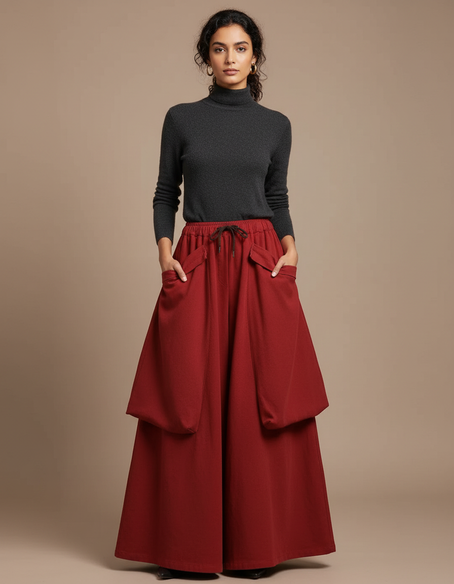 Pantalon Jupe Rouge Ample Poches Vintage Confortable - Laine