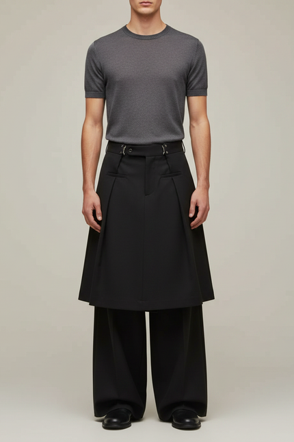 Pantalon Jupe Noir Ample Plissé Homme Moderne - Gabardine