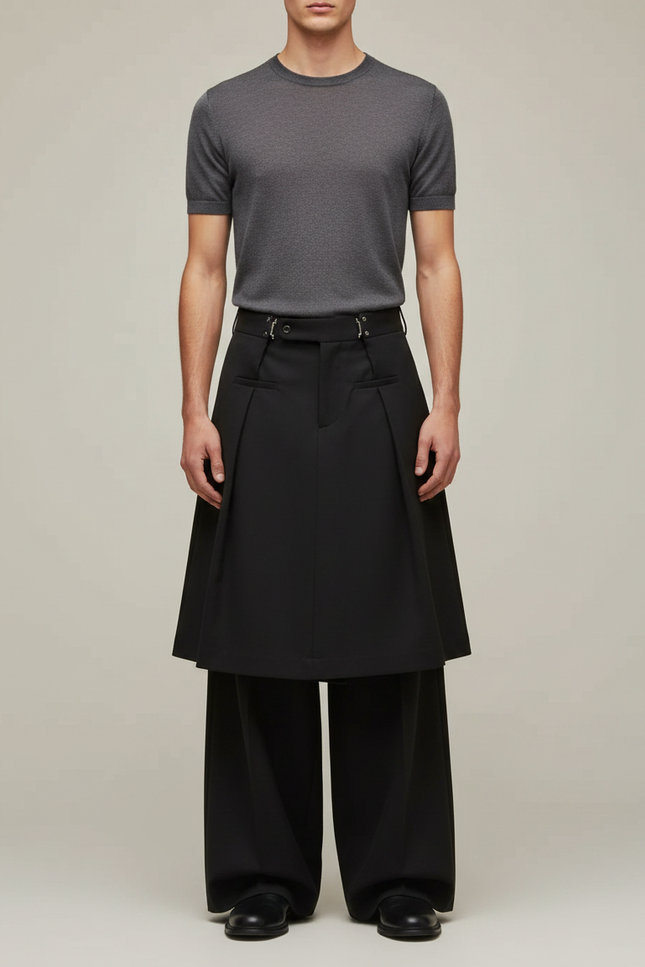 Pantalon Jupe Noir Ample Plissé Homme Moderne - Gabardine