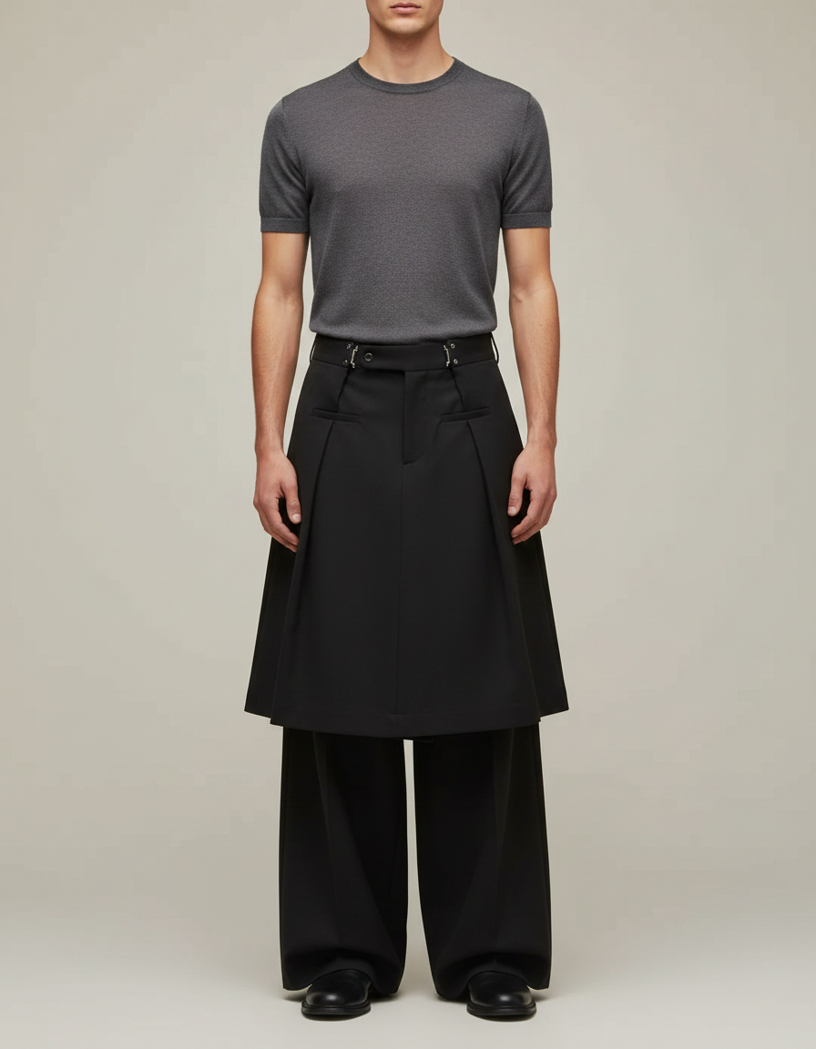 Pantalon Jupe Noir Ample Plissé Homme Moderne - Gabardine