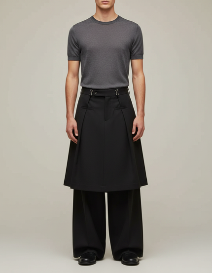 Pantalon Jupe Noir Ample Plissé Homme Moderne - Gabardine