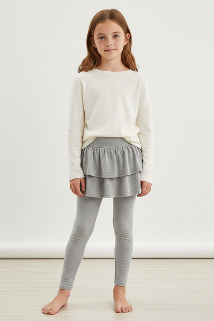 Pantalon Jupe Gris Volants Intégrés Coton Confortable
