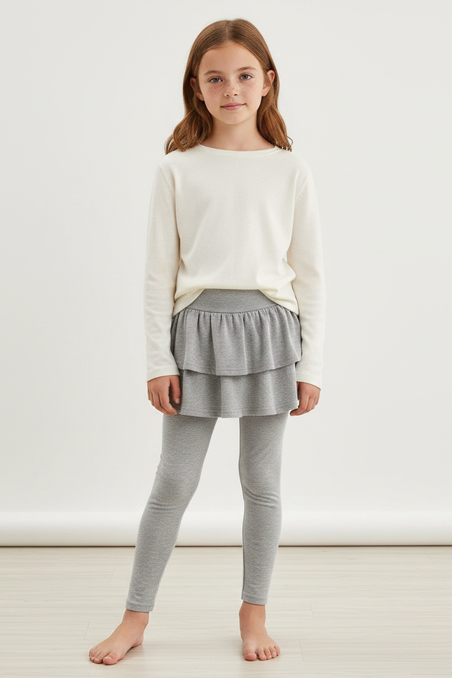 Pantalon Jupe Gris Volants Intégrés Coton Confortable