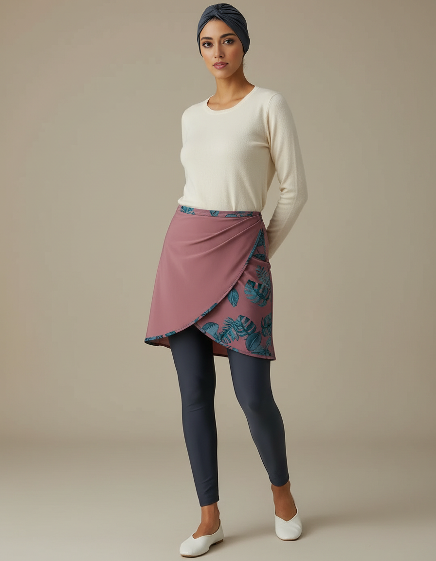 Pantalon Jupe Mauve Imprimé Floral Élégant Modeste - Marine Polyester
