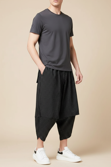 Pantalon Jupe Noir Rayé Ample Décontracté Coton